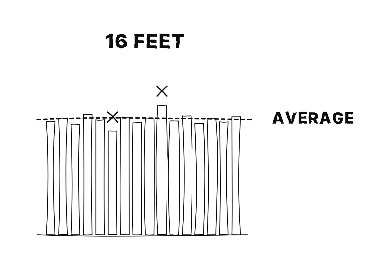 Sixteen foot lengths drawn as bars side by side; the shortest and the longest are crossed out, and a horizontal line marks the average of the rest.