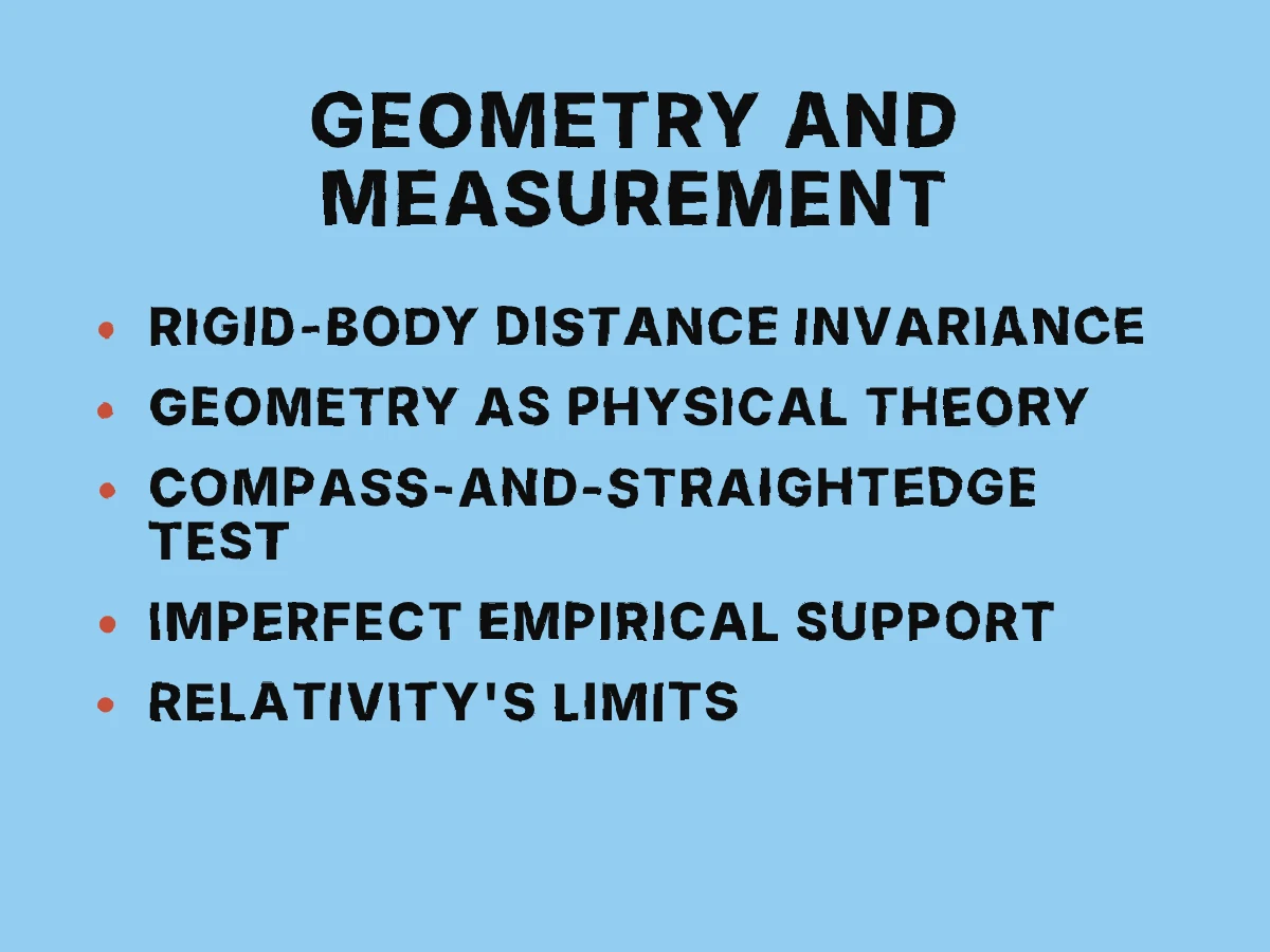 An ideal segment corresponds to marks on a rigid rod, three aligned marks share one sightline, and moving the rod preserves its endpoint distance as an assumption to test against experience.