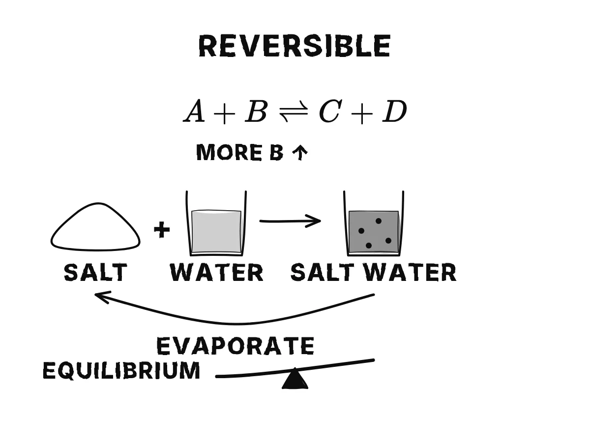 A + B and C + D joined by a pair of opposite arrows; below, salt dissolving in water and the water evaporating back to salt.