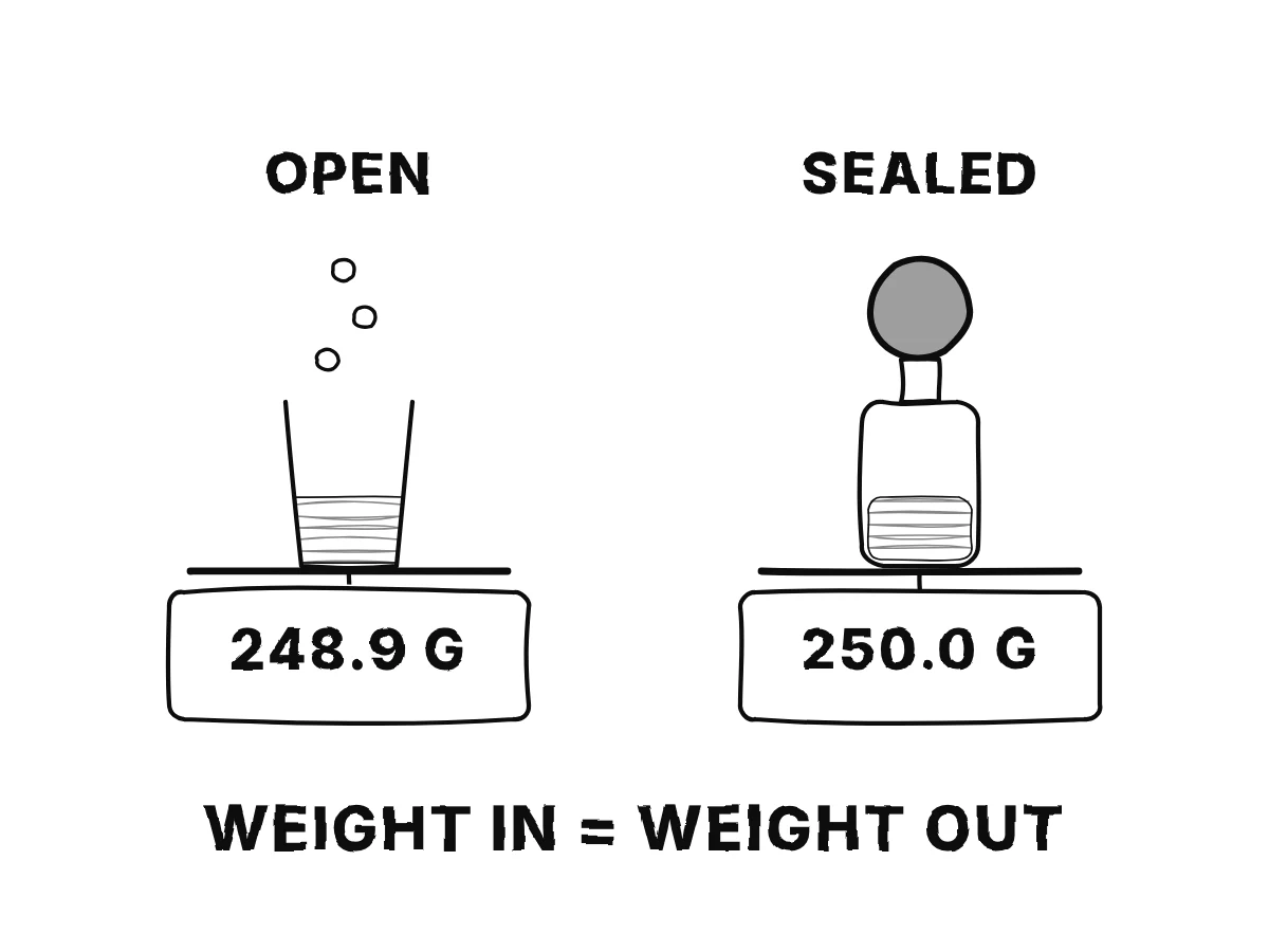 Two kitchen scales: on the left an open fizzing glass whose reading drops from 250.0 to 248.9 grams; on the right a sealed bottle with a balloon whose reading stays at 250.0 grams; below, 'products = reactants'.