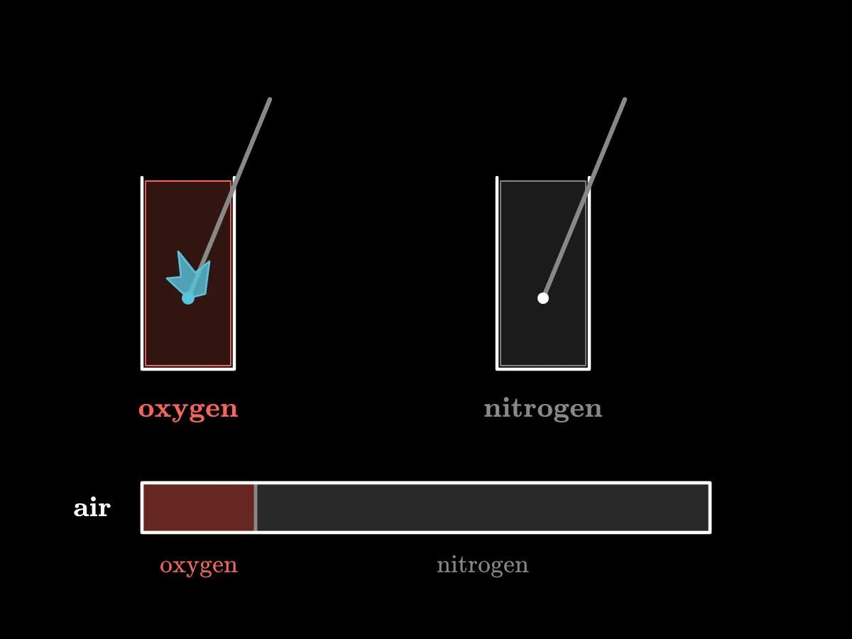 A glowing splinter blazes in a jar of oxygen and a burning splinter goes out in a jar of nitrogen; a bar of air is one fifth oxygen and four fifths nitrogen.