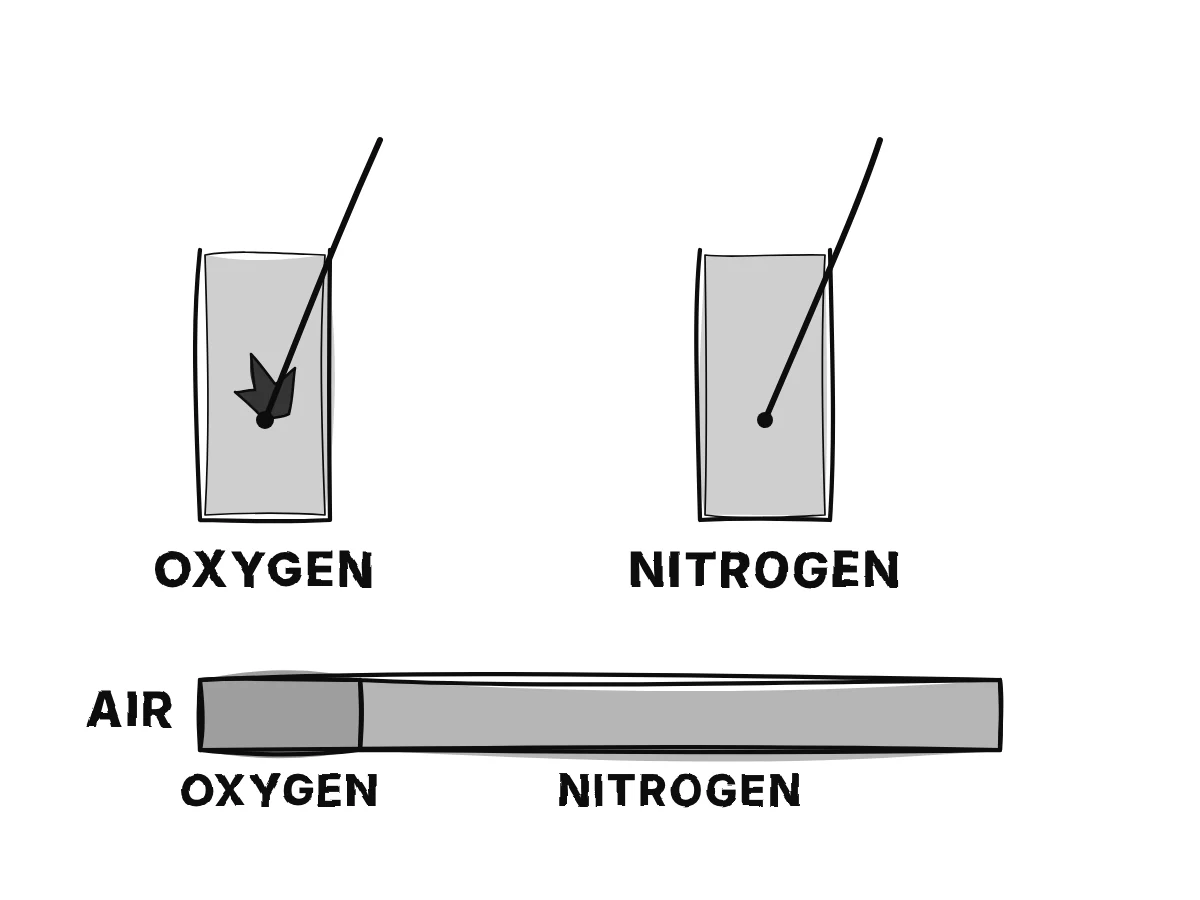 A glowing splinter blazes in a jar of oxygen and a burning splinter goes out in a jar of nitrogen; a bar of air is one fifth oxygen and four fifths nitrogen.