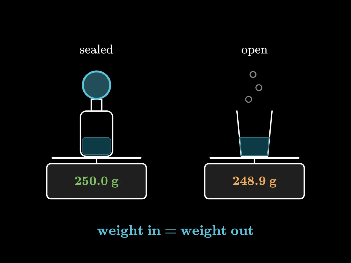 Two kitchen scales: a sealed bottle with a balloon keeps reading 250.0 grams; an open glass fizzes and its reading drops to 248.9 grams; below, 'weight in = weight out'.