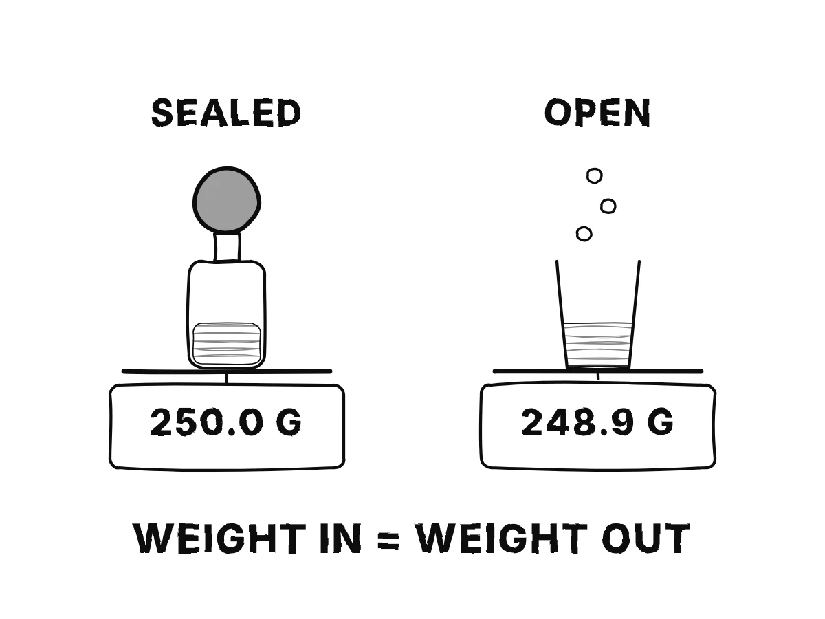 Two kitchen scales: a sealed bottle with a balloon keeps reading 250.0 grams; an open glass fizzes and its reading drops to 248.9 grams; below, 'weight in = weight out'.