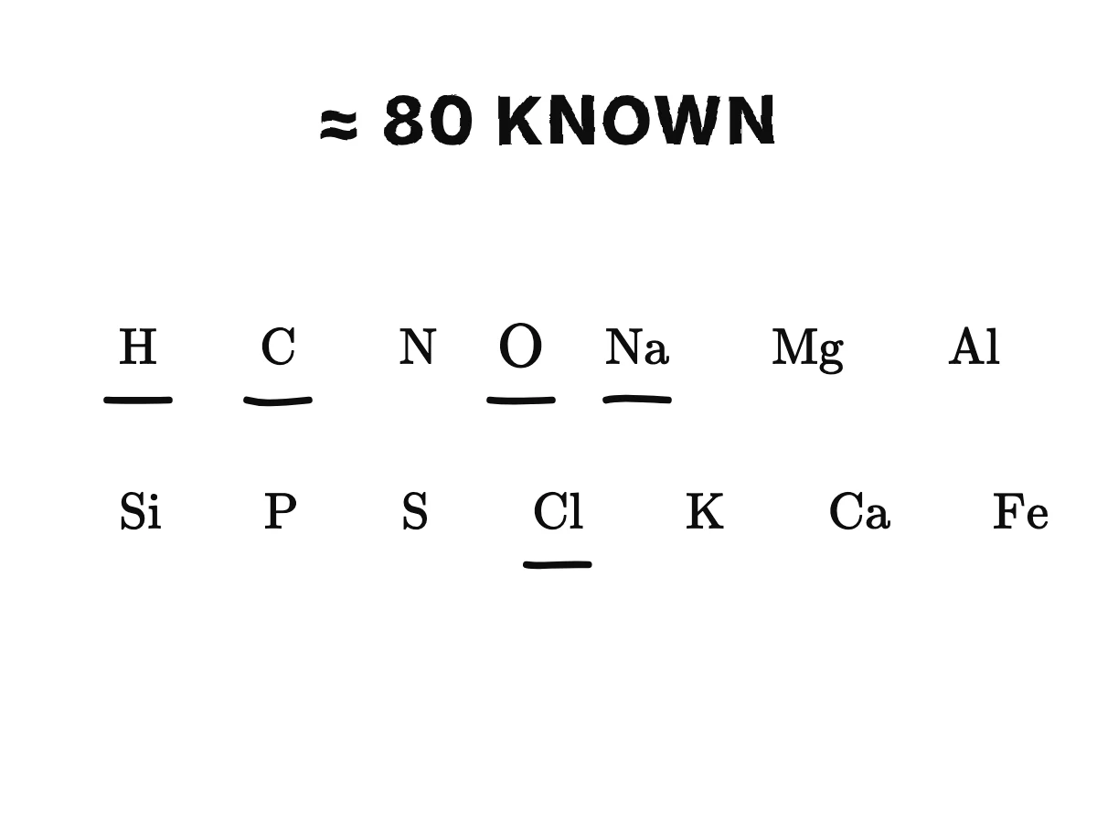 Fourteen tiles with the signs of the commonest simple substances, H, C, N, O, Na, Mg, Al, Si, P, S, Cl, K, Ca and Fe, with oxygen drawn largest; five of them, H, O, Na, Cl and C, light up for water, salt and a pencil.