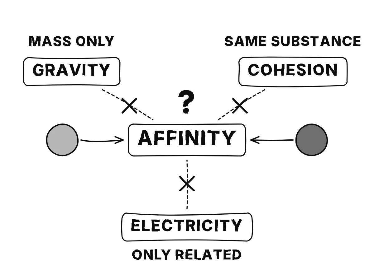 A central box labelled affinity with three crossed-out candidates around it, gravity, cohesion and electricity, and a note that its nature is still hidden.
