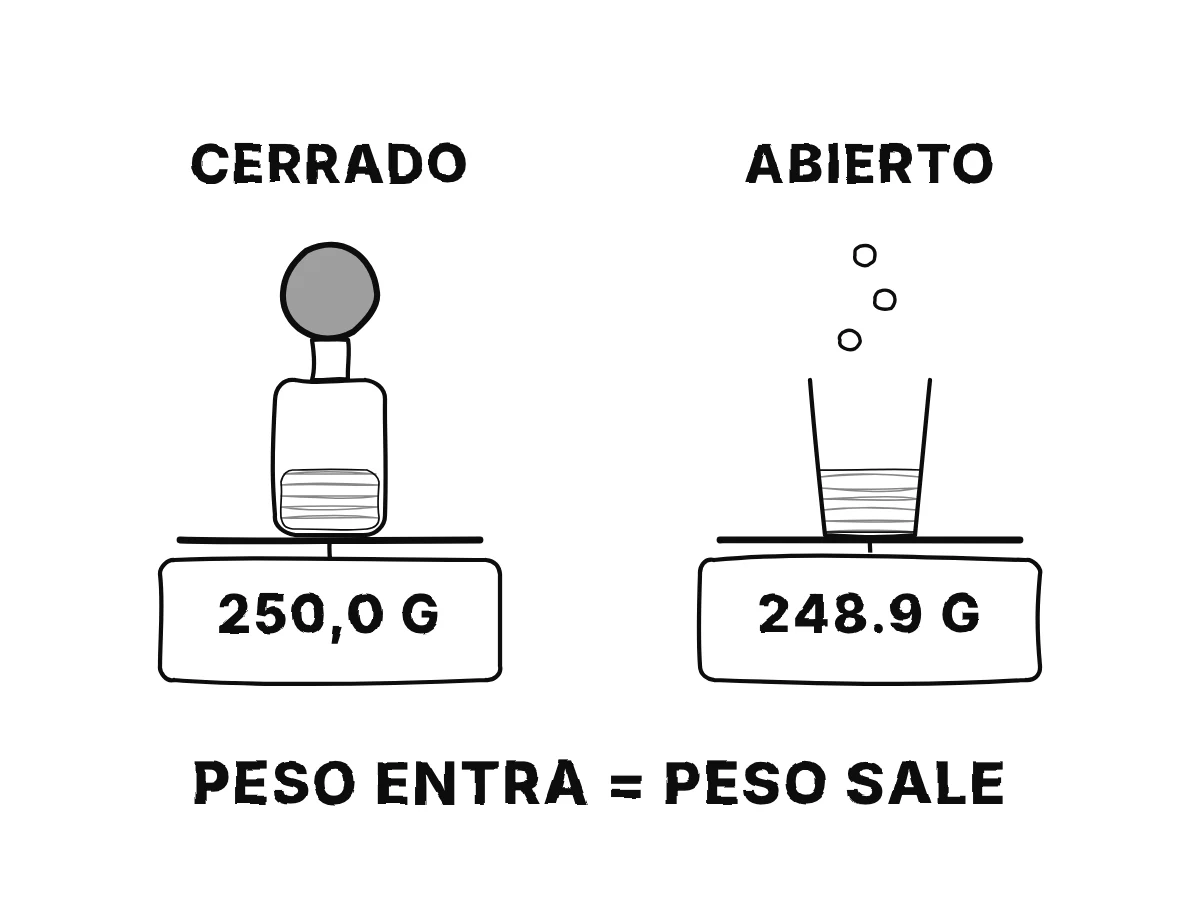 Dos básculas de cocina: una botella cerrada con un globo sigue marcando 250,0 gramos; un vaso abierto burbujea y su lectura baja a 248,9 gramos; debajo, «peso entra = peso sale».