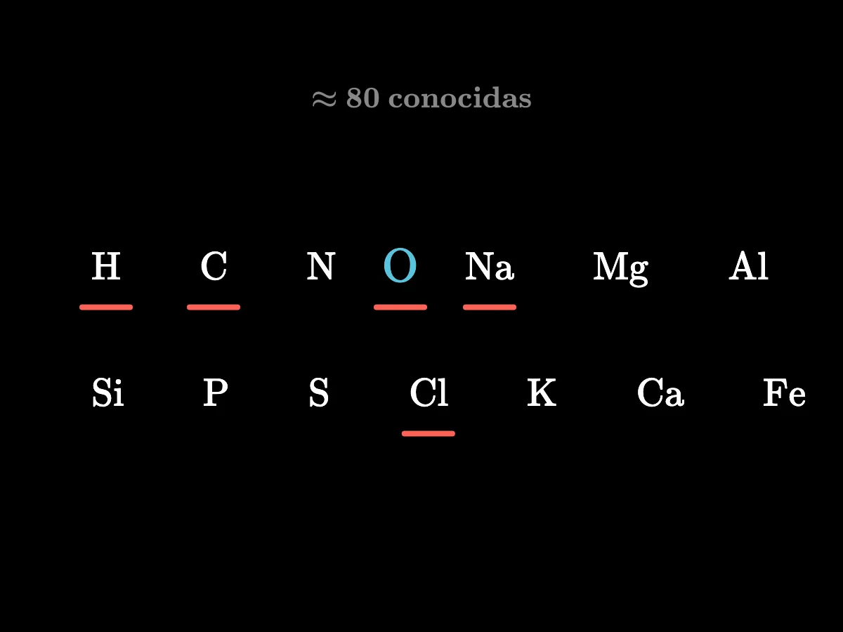 Catorce fichas con los signos de las sustancias simples más comunes, H, C, N, O, Na, Mg, Al, Si, P, S, Cl, K, Ca y Fe, con el oxígeno dibujado más grande; cinco de ellas, H, O, Na, Cl y C, se iluminan por el agua, la sal y un lápiz.