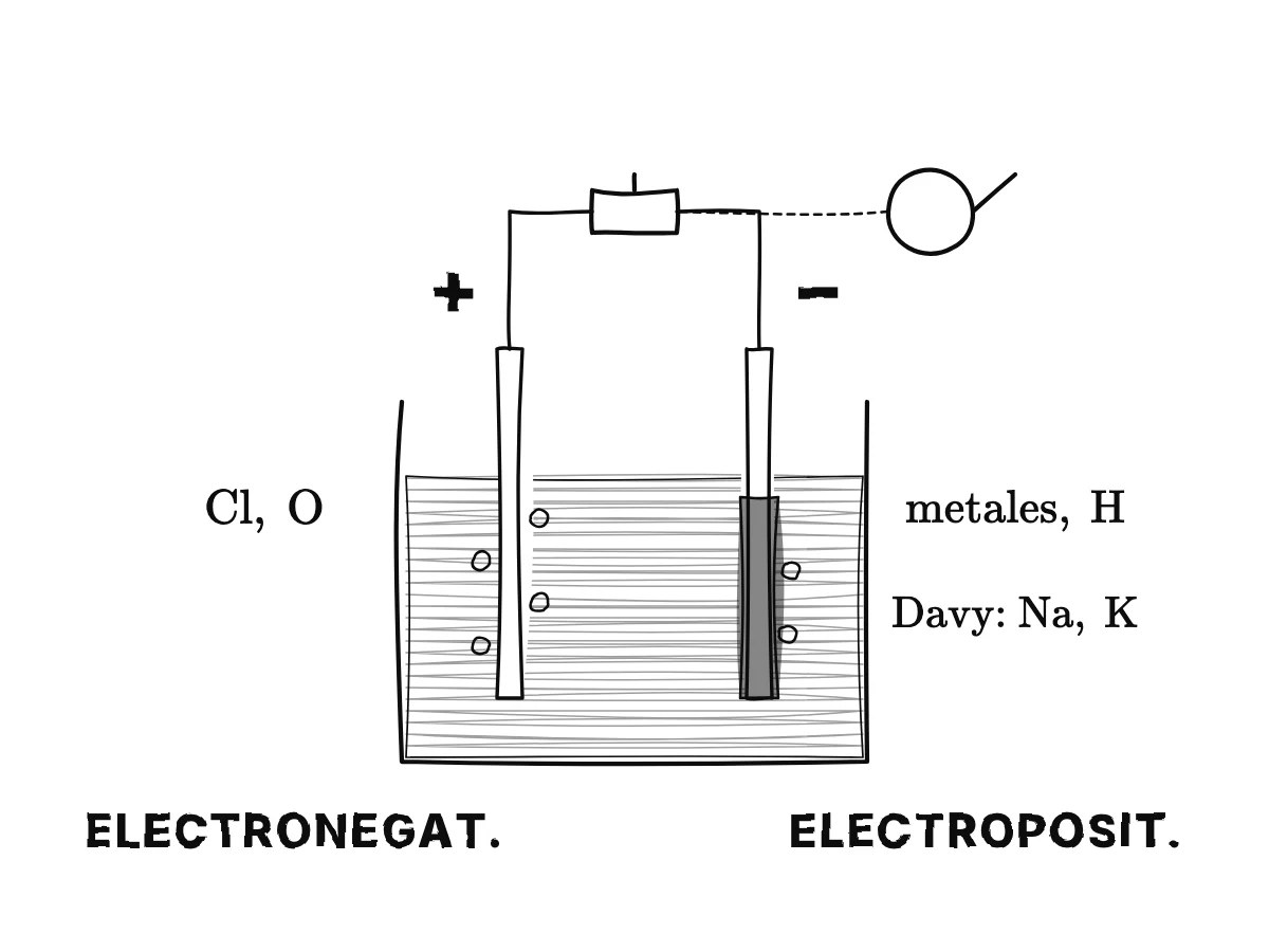 Una celda de electrólisis: una pila hace pasar corriente por un compuesto disuelto entre dos electrodos; el cloro y el oxígeno se juntan en el polo positivo, los metales y el hidrógeno en el negativo; allí Davy obtiene sodio y potasio.