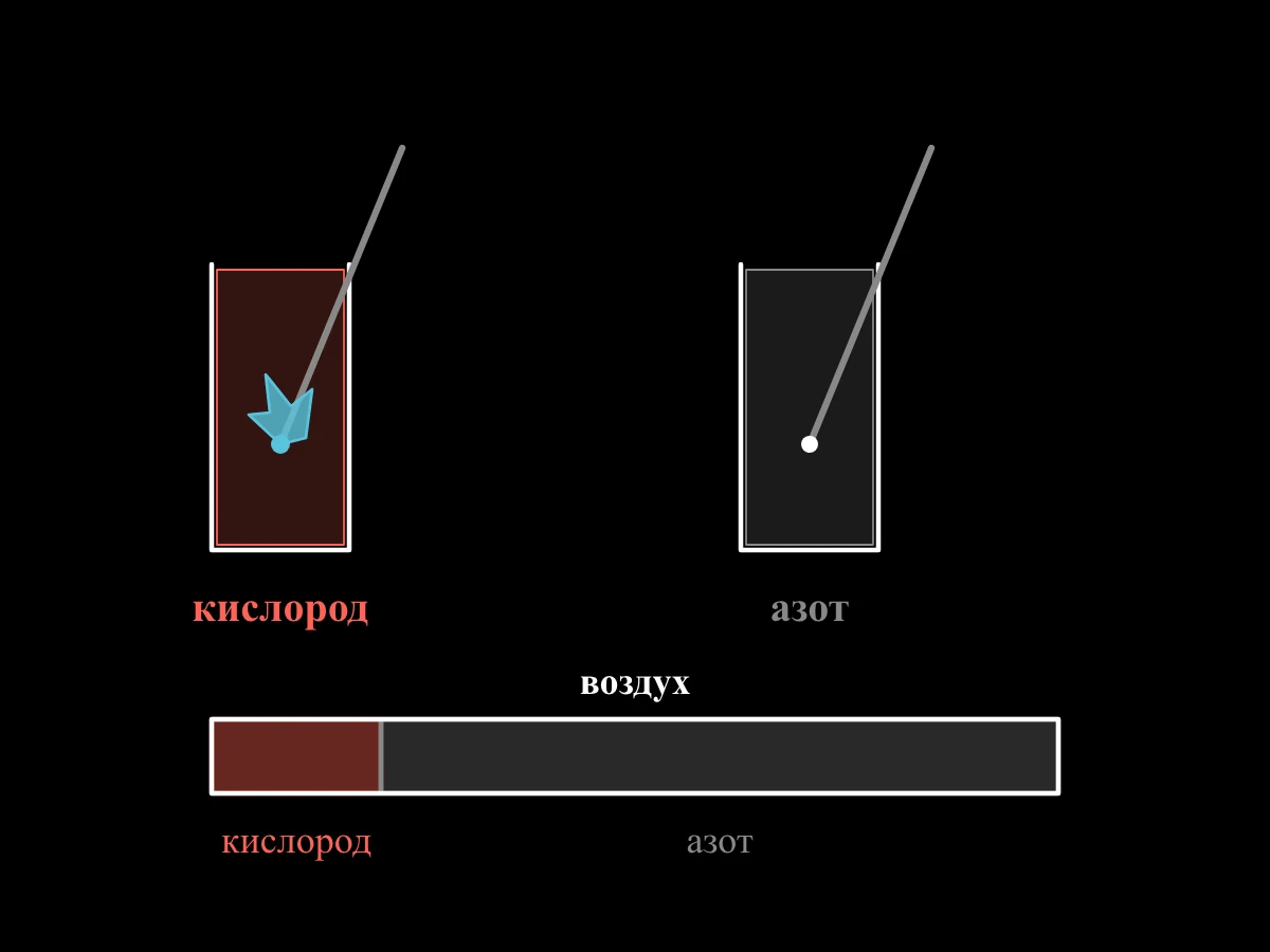Тлеющая лучинка вспыхивает в банке с кислородом, а горящая лучинка гаснет в банке с азотом; полоска воздуха — одна пятая кислорода и четыре пятых азота.