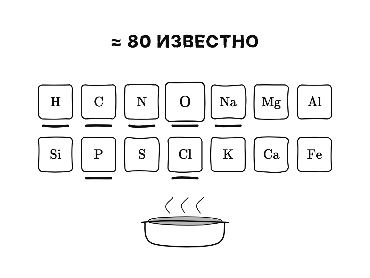 Четырнадцать плиток со знаками самых обычных простых тел, H, C, N, O, Na, Mg, Al, Si, P, S, Cl, K, Ca и Fe, кислород нарисован крупнее всех; несколько из них загораются для тарелки подсоленного супа.