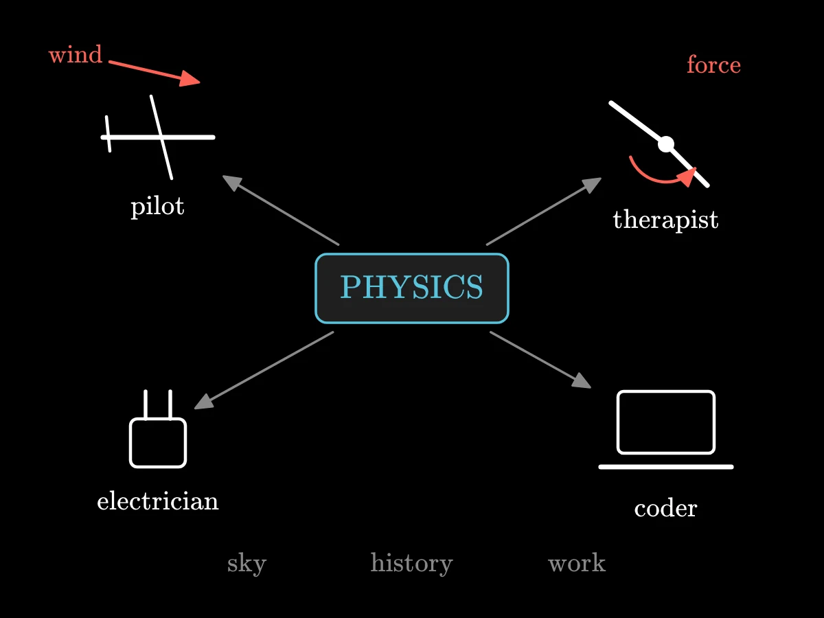 A central PHYSICS box with arrows to four small icons: an airplane for a pilot, a bent leg for a physical therapist, a plug for an electrician and a laptop for a programmer.
