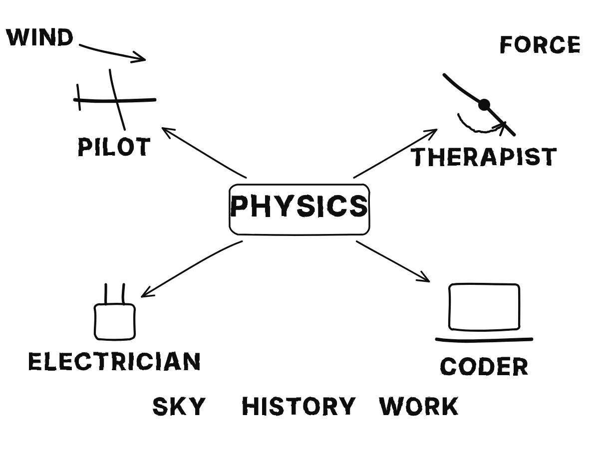 A central PHYSICS box with arrows to four small icons: an airplane for a pilot, a bent leg for a physical therapist, a plug for an electrician and a laptop for a programmer.