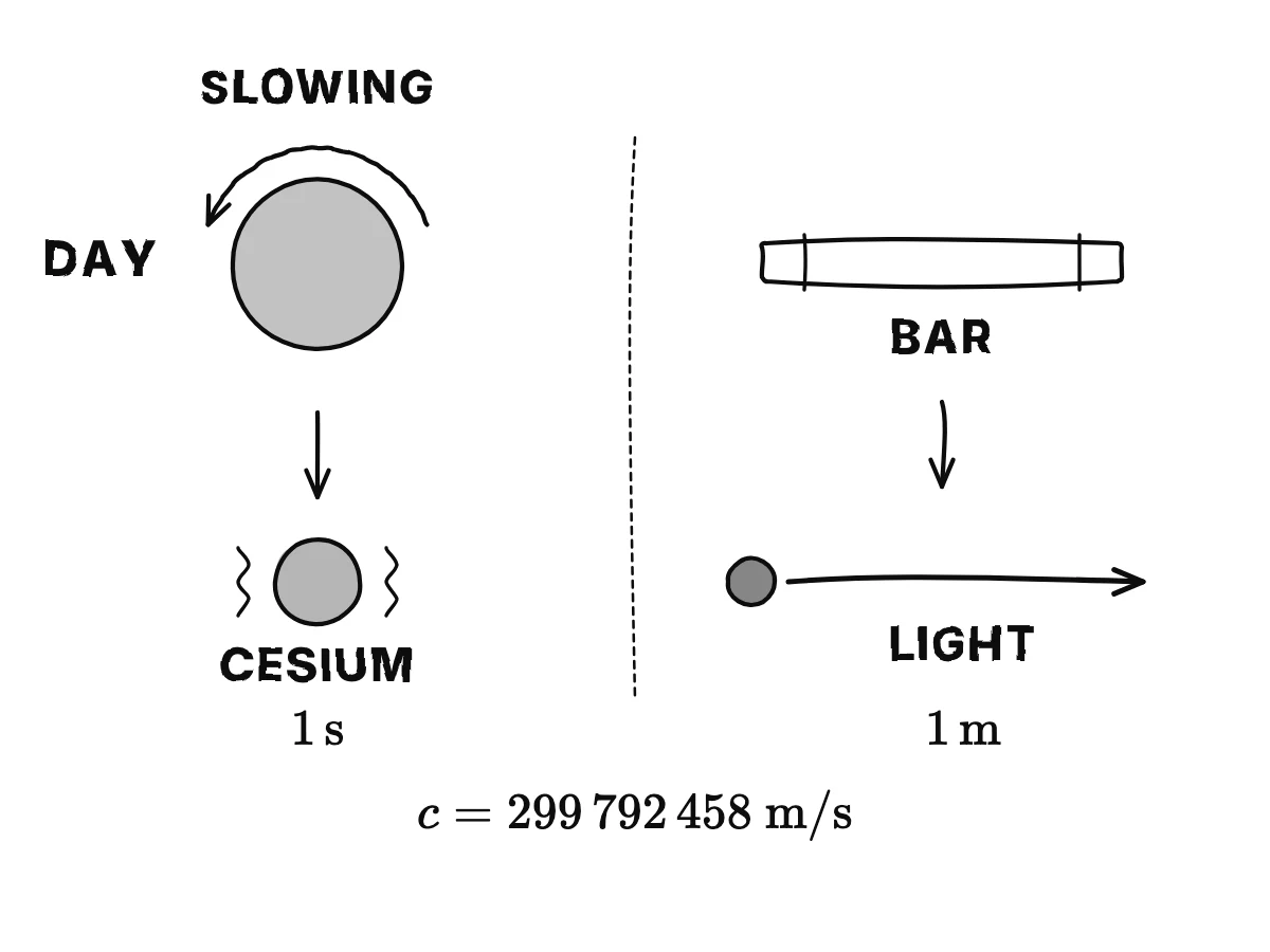 On the left a turning Earth replaced by a cesium atom for the second; on the right a metal bar replaced by a beam of light for the meter.
