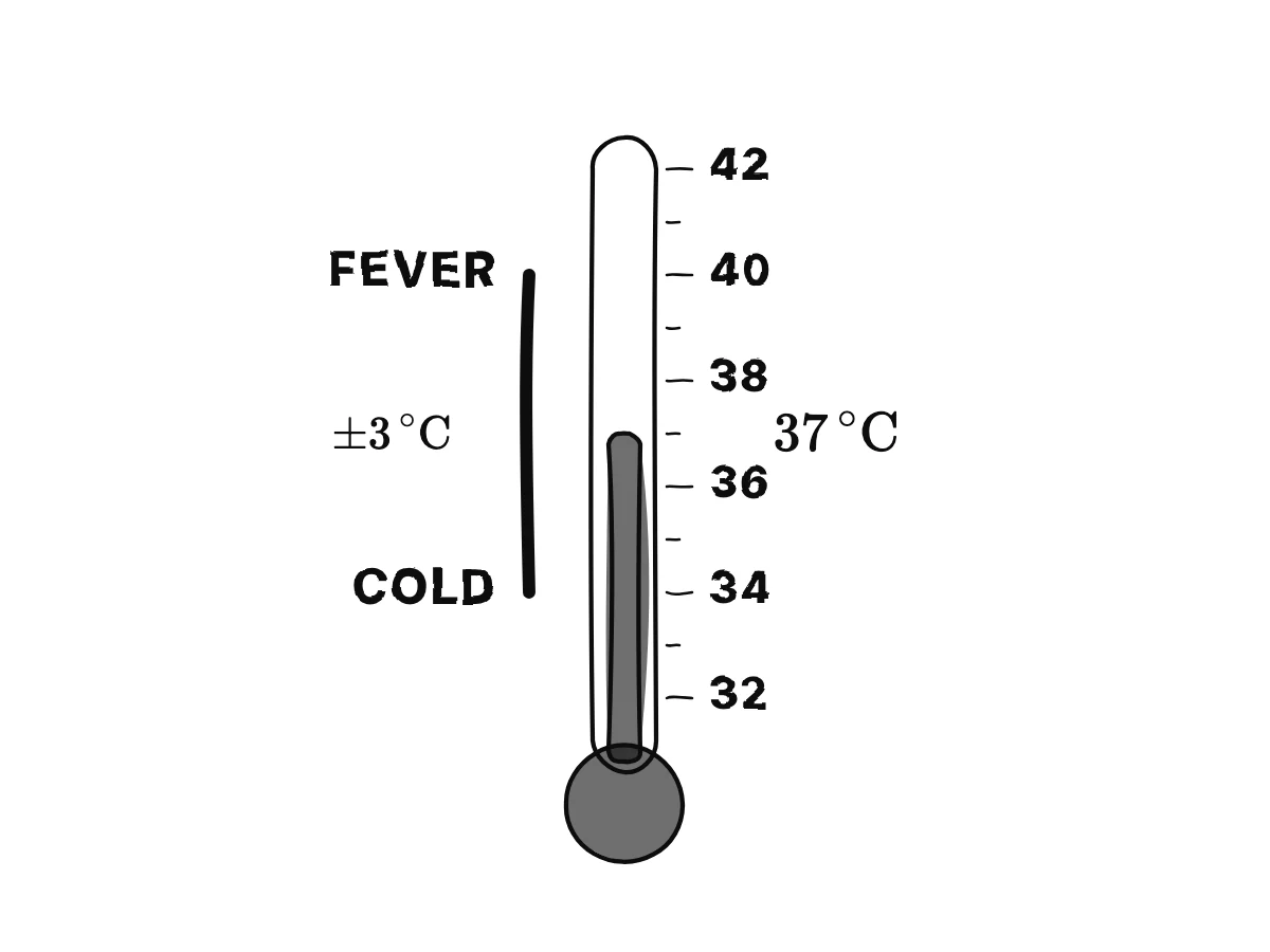 A thermometer reading 37 degrees with a band from 34 to 40, cold and fever marked at its ends.