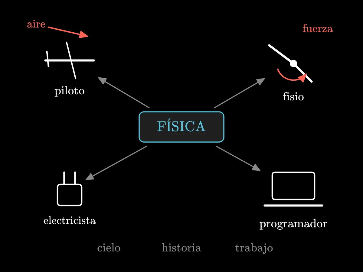 Un recuadro central FÍSICA con flechas hacia cuatro iconos pequeños: un avión para el piloto, una pierna doblada para el fisioterapeuta, un enchufe para el electricista y un portátil para el programador.