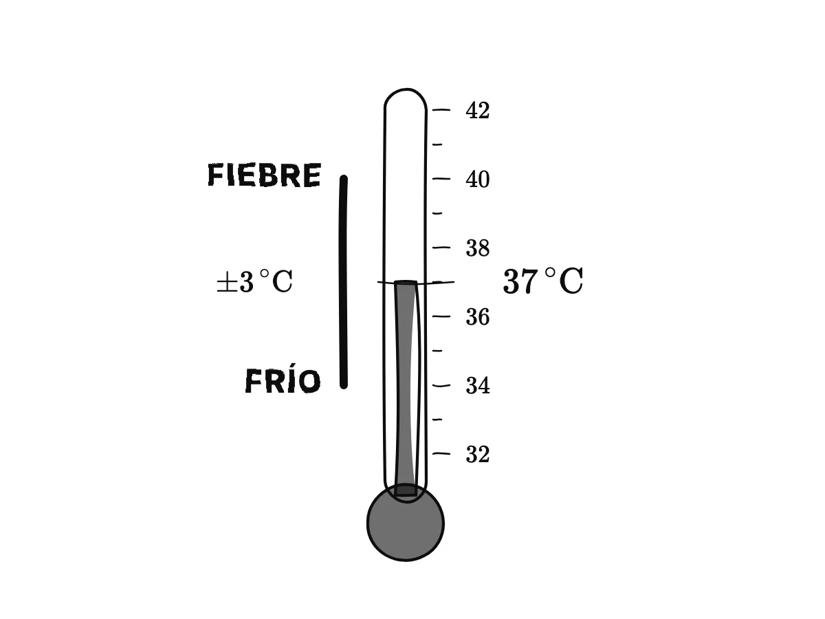 Un termómetro que marca 37 grados con una banda de 34 a 40, con frío y fiebre marcados en sus extremos.