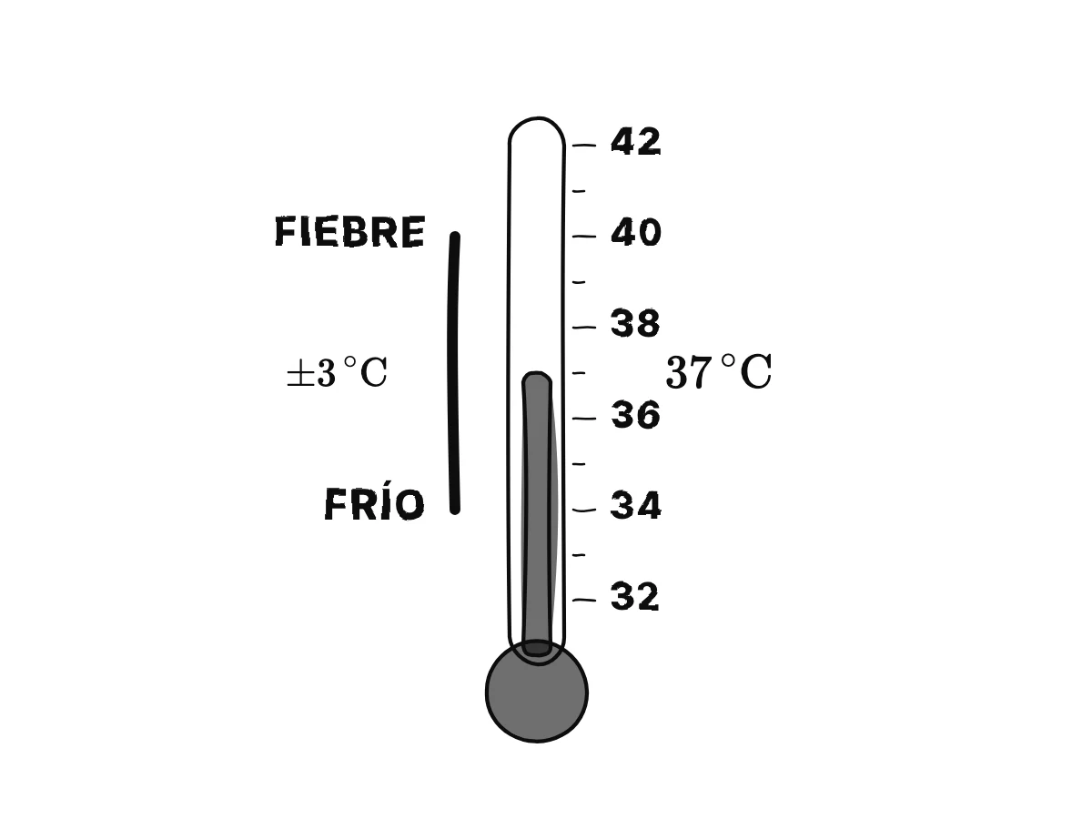 Un termómetro que marca 37 grados con una franja de 34 a 40, con frío y fiebre señalados en sus extremos.