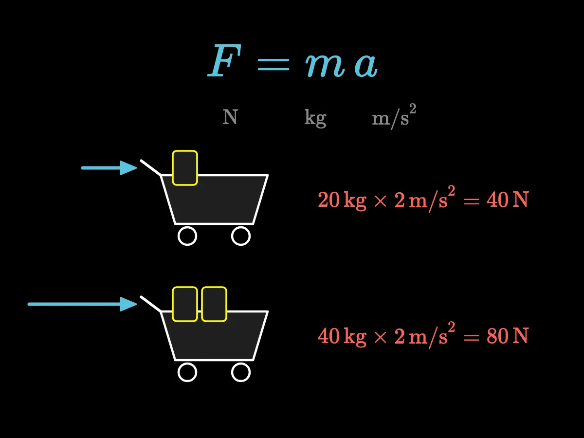 Уравнение F = m a; тележке массой 20 кг с ускорением 2 м/с² нужно 40 Н; при 40 кг то же ускорение требует 80 Н.