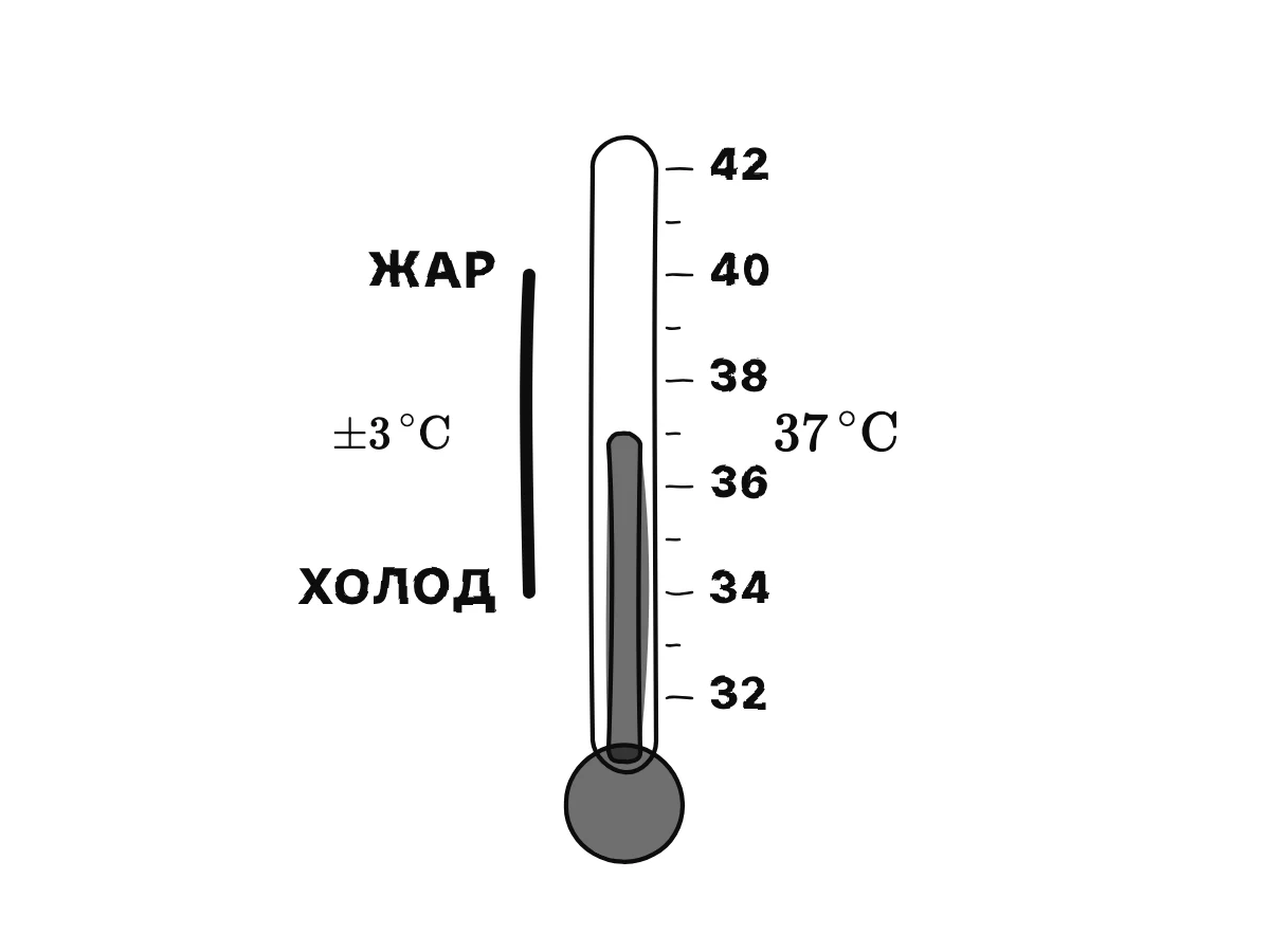 Градусник показывает 37 градусов, полоса от 34 до 40, на её концах отмечены переохлаждение и жар.