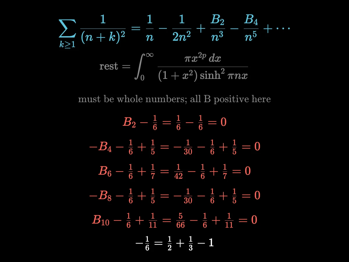 Equation twenty-nine gives the tail of the reciprocal squares in powers of 1/n; then the combinations B2 − 1/6, −B4 − 1/6 + 1/5, B6 − 1/6 + 1/7, −B8 − 1/6 + 1/5, B10 − 1/6 + 1/11 all come out as 0 with the known values.