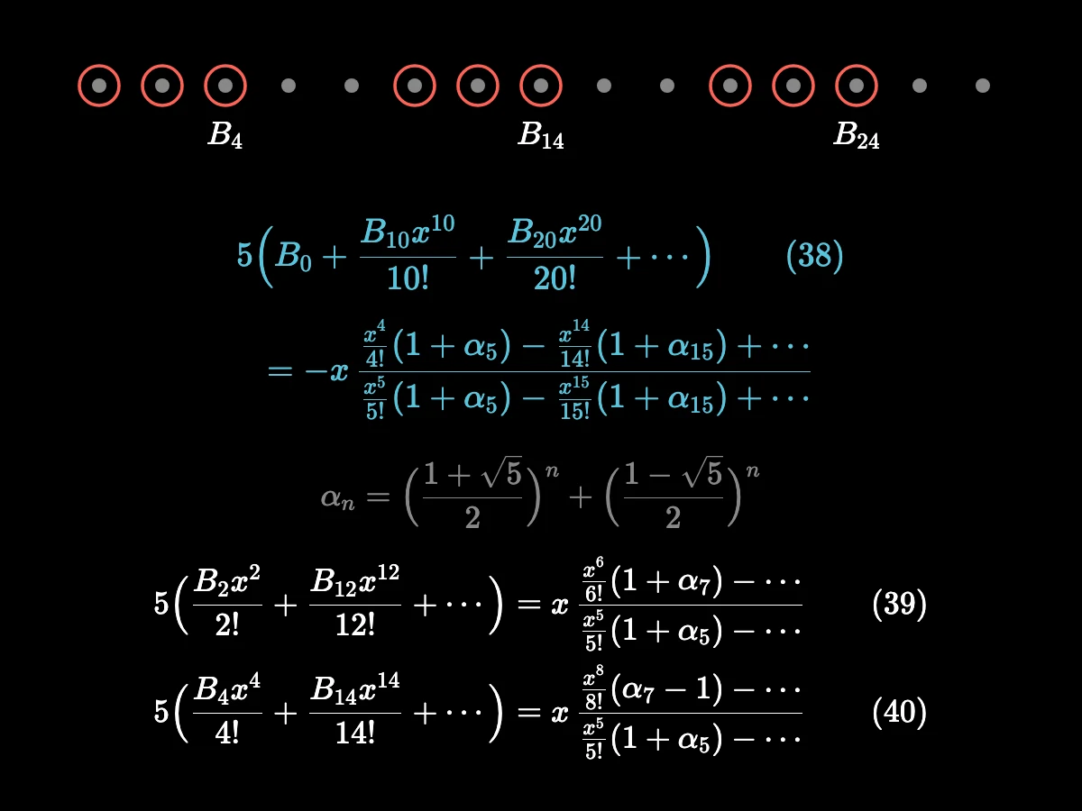 Equations thirty-eight to forty: each isolates one strand of Bernoulli numbers spaced ten apart — B₀, B₁₀, B₂₀, …; B₂, B₁₂, B₂₂, …; B₄, B₁₄, B₂₄, … — as a ratio of two series with coefficients 1 ± αₙ built from (1 ± √5)/2.