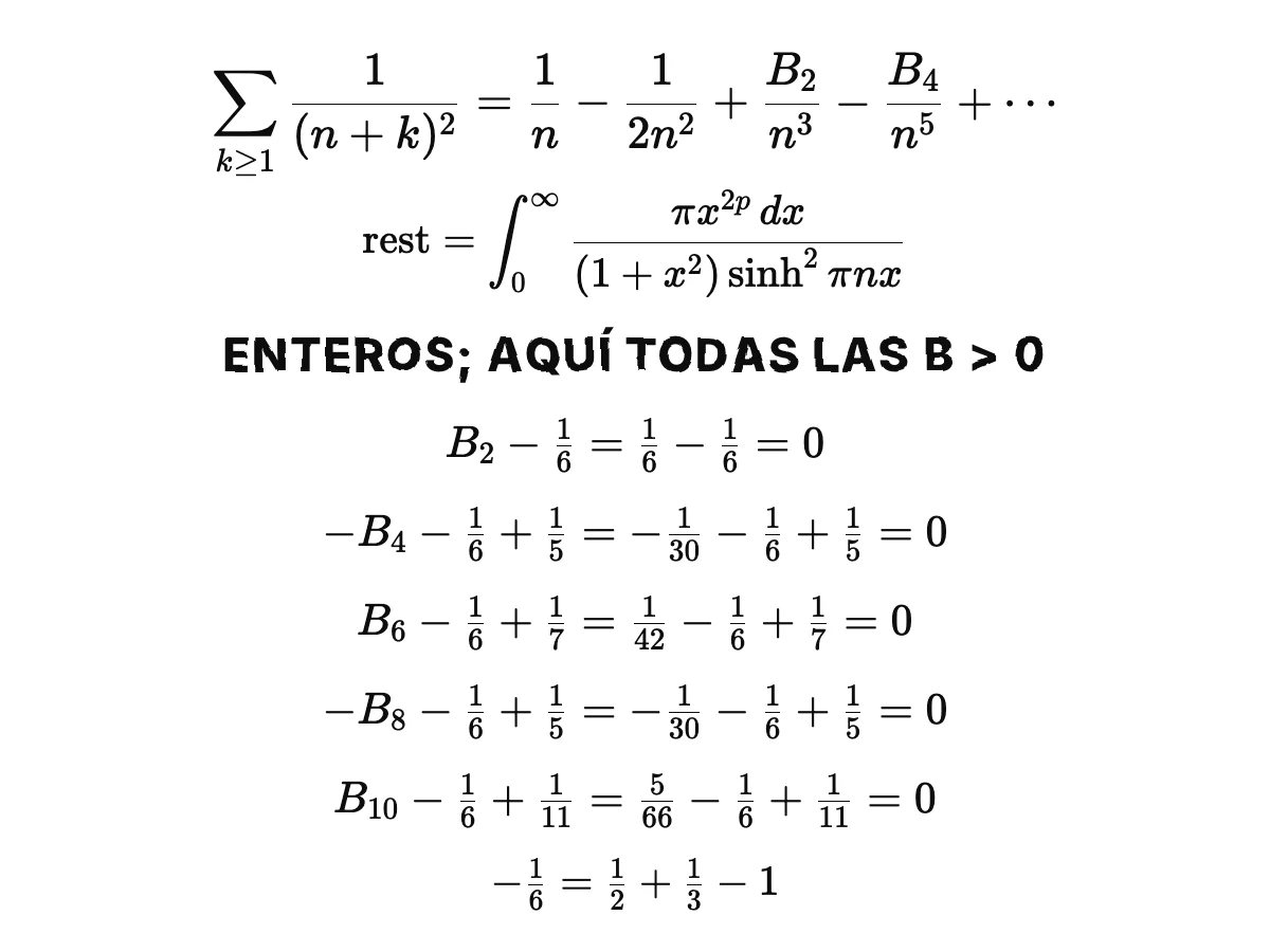 La ecuación veintinueve da la cola de los inversos de los cuadrados en potencias de 1/n; luego las combinaciones B2 − 1/6, −B4 − 1/6 + 1/5, B6 − 1/6 + 1/7, −B8 − 1/6 + 1/5, B10 − 1/6 + 1/11 salen todas 0 con los valores conocidos.