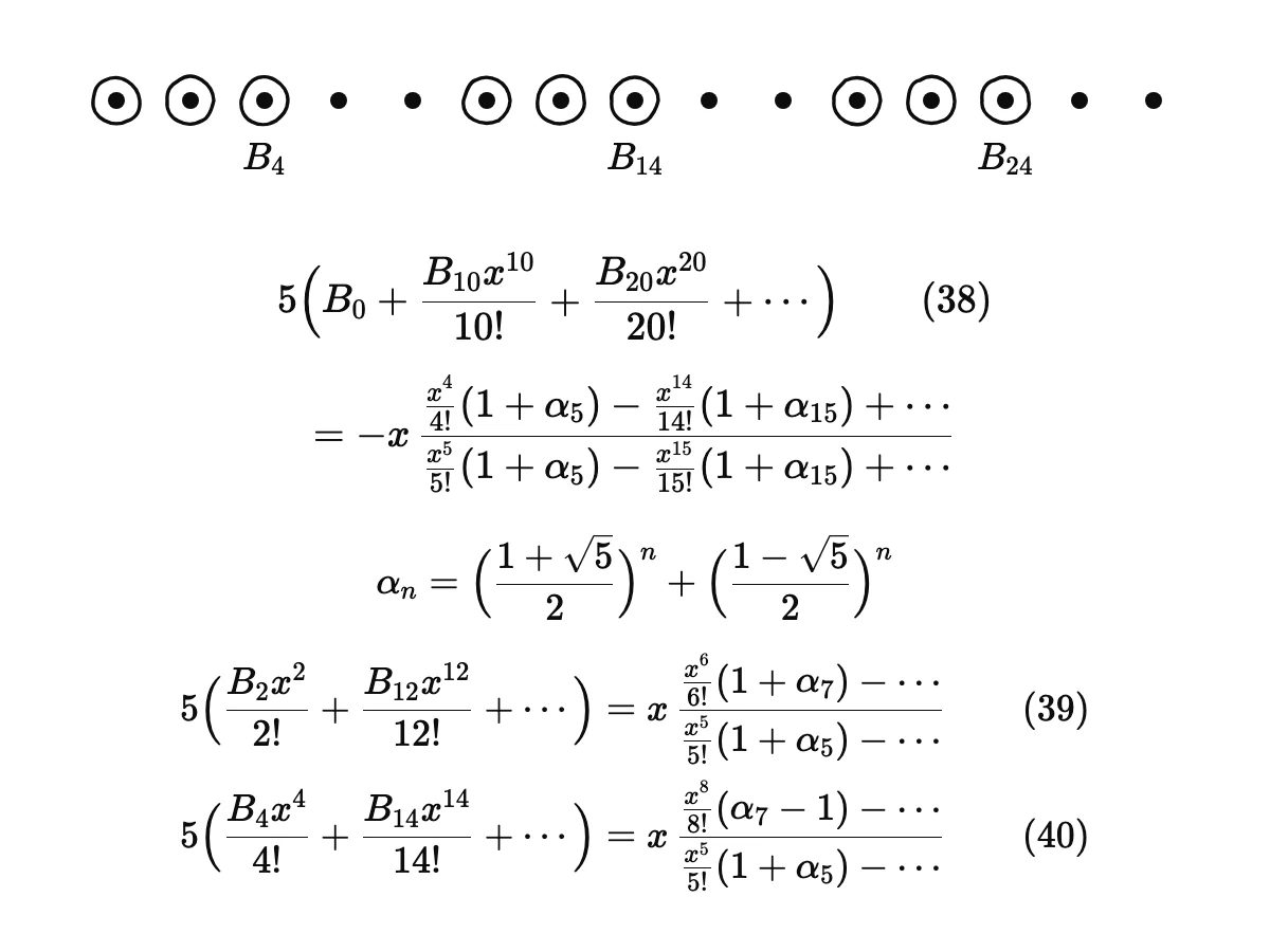 Las ecuaciones treinta y ocho a cuarenta: cada una aísla una hebra de números de Bernoulli separados diez lugares — B₀, B₁₀, B₂₀, …; B₂, B₁₂, B₂₂, …; B₄, B₁₄, B₂₄, … — como cociente de dos series con coeficientes 1 ± αₙ construidos con (1 ± √5)/2.
