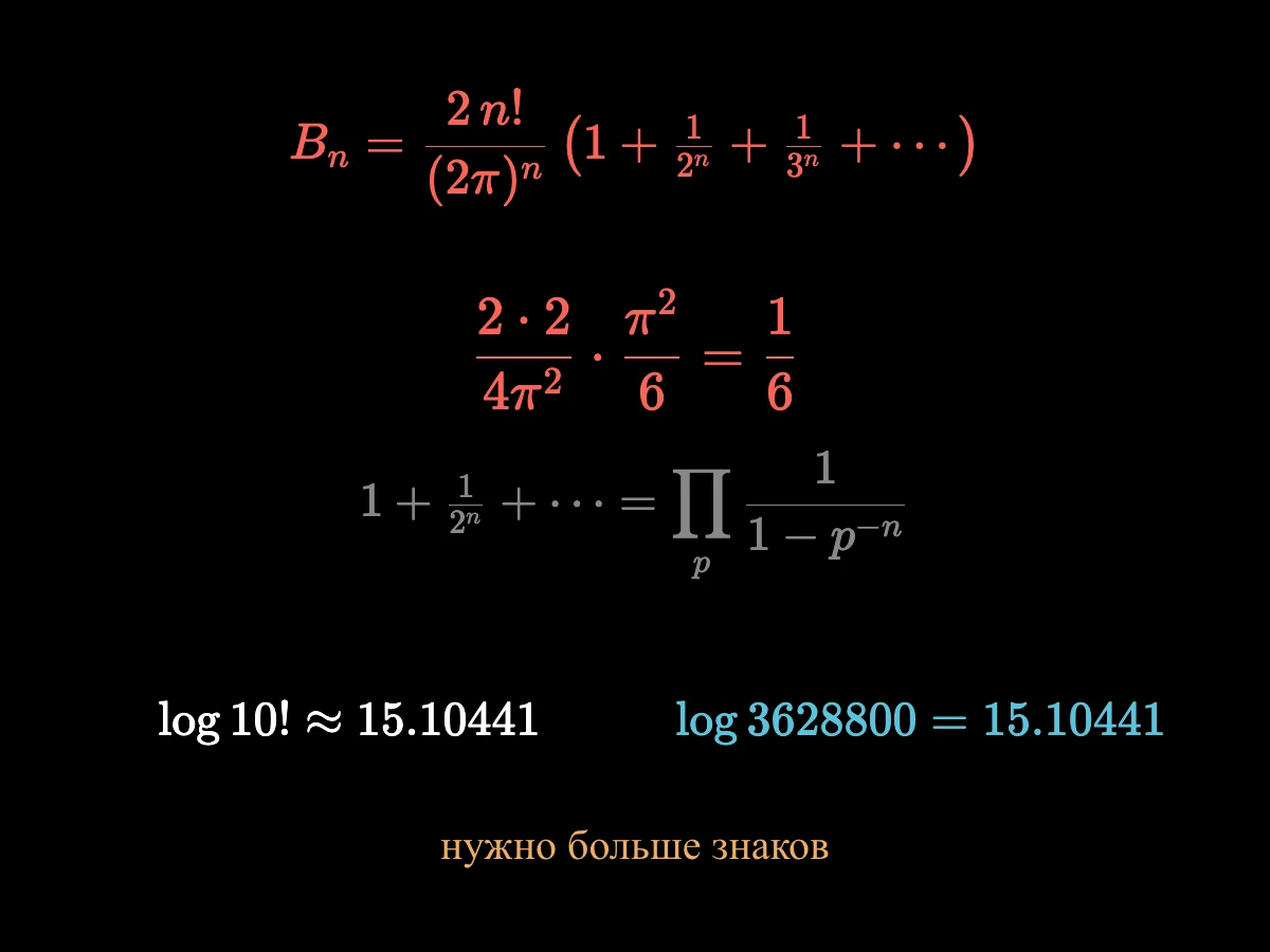 Формула: число Бернулли — это два эн факториал на два пи в степени эн, умноженные на сумму чуть больше единицы; для номера два она даёт ровно одну шестую; для десяти факториал разложение логарифма даёт 15,10441.
