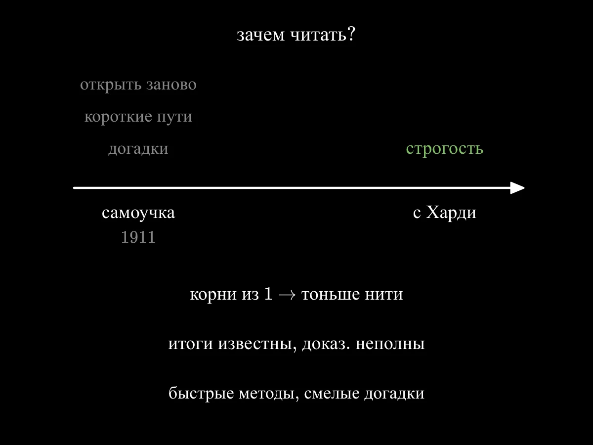 Зачем читать: самоучка заново открывает теорему, находит короткие пути, угадывает закономерности; позже с Харди он добавляет строгость; итог: формулы с интервалом, вердикт и его самая ранняя манера.
