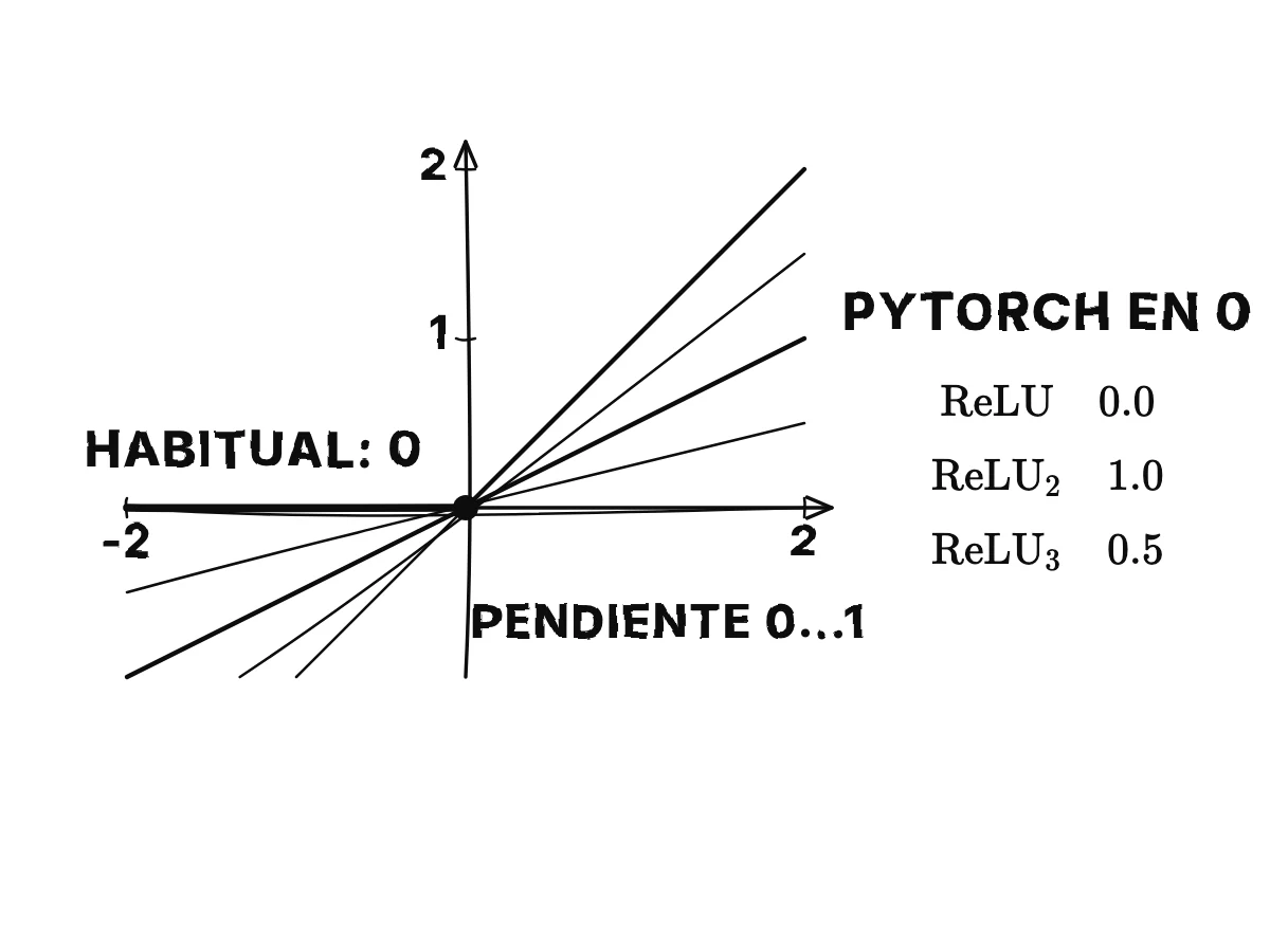 La gráfica de la ReLU con su esquina en cero; varias rectas pasan por la esquina con pendientes entre 0 y 1, todas por debajo de la gráfica; una pequeña tabla muestra que PyTorch devuelve 0, 1 y 0,5 para tres versiones de la misma función.