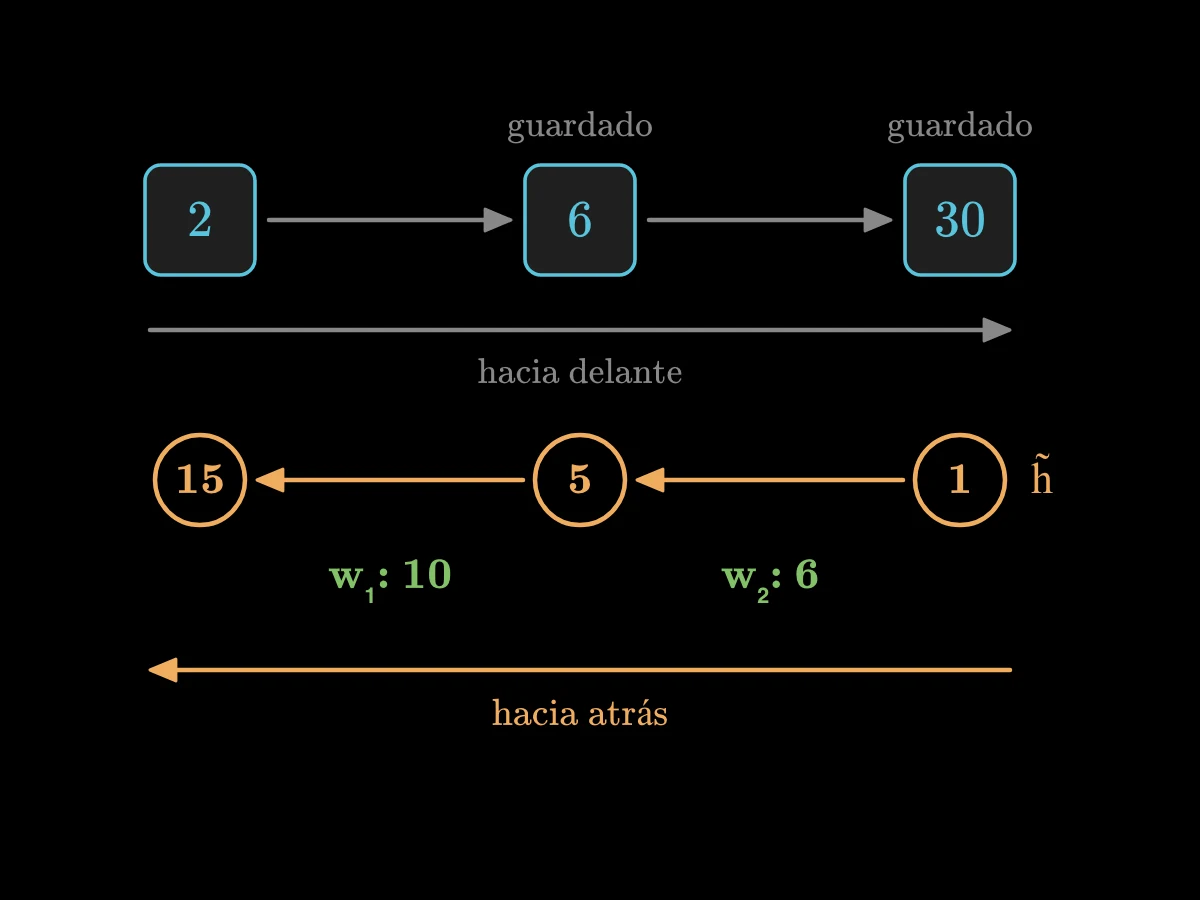 La cadena 2, por 3, por 5 da 6 y 30; luego flechas rojas vuelven desde el final llevando 1, 5 y 15, y entregan los gradientes 6 para w2 y 10 para w1.