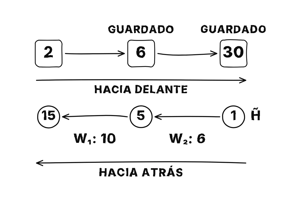 La cadena 2, por 3, por 5 da 6 y 30; luego flechas rojas vuelven desde el final llevando 1, 5 y 15, y entregan los gradientes 6 para w2 y 10 para w1.