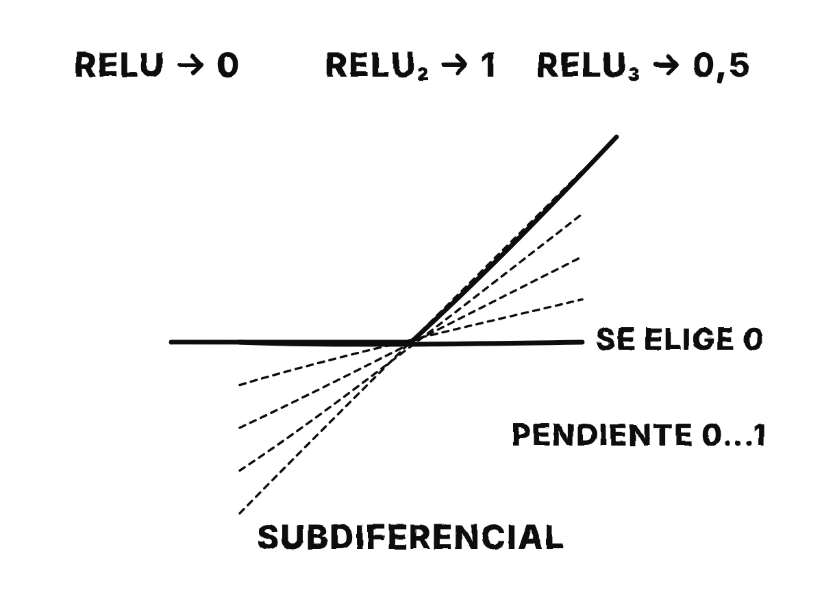 La ReLU, plana a la izquierda de cero y subiendo a 45 grados a la derecha, con un abanico de rectas por la esquina cuyas pendientes van de 0 a 1, y la plana marcada como la elección habitual; encima, tres maneras de escribir la ReLU dan pendientes 0, 1 y 0,5 en cero.