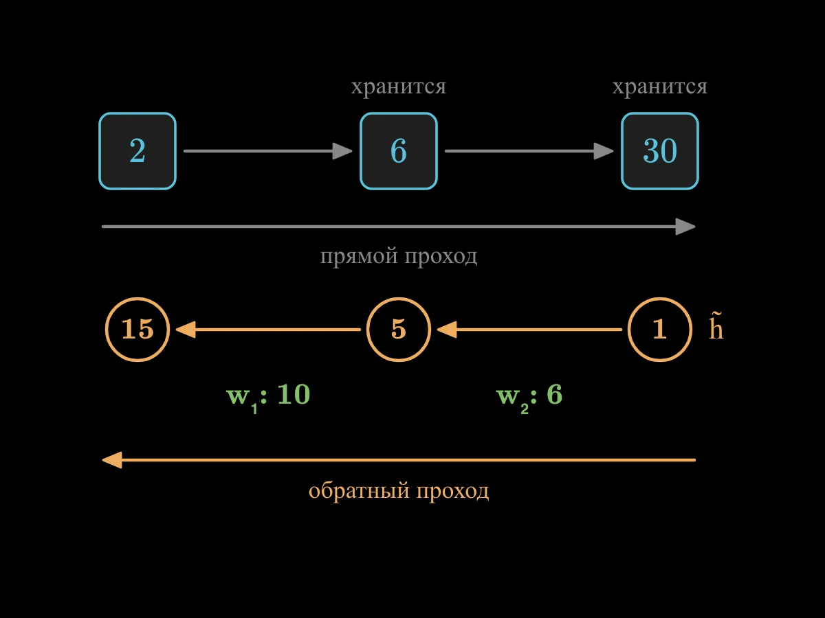 Цепочка 2, умножить на 3, умножить на 5 даёт 6 и 30; затем красные стрелки идут назад от конца, неся 1, 5 и 15, и выдают градиенты 6 для w2 и 10 для w1.