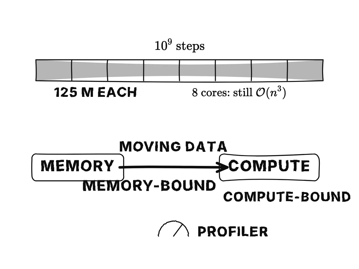 A long bar of one billion steps split into eight equal pieces of 125 million, still cubic; then data moving between a memory box and a compute box, with the slow part labelled memory-bound and a profiler gauge.