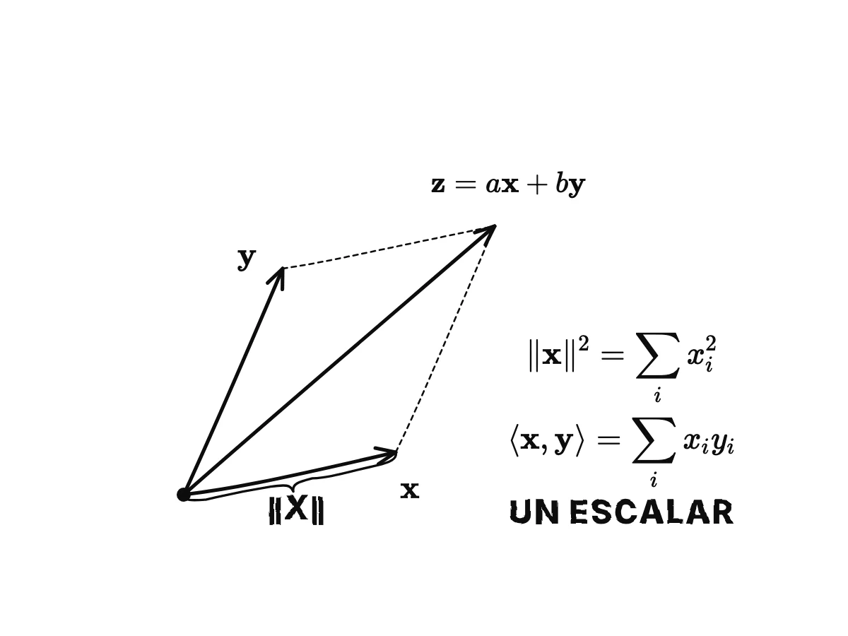 Dos flechas desde el origen y su suma como la diagonal de un paralelogramo; la longitud de una flecha es su norma.
