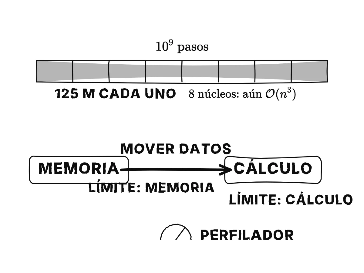 Una barra larga de mil millones de pasos dividida en ocho trozos iguales de 125 millones, todavía cúbica; luego datos que se mueven entre una caja de memoria y una caja de cálculo, con la parte lenta rotulada «limitado por memoria» y un indicador de perfilador.