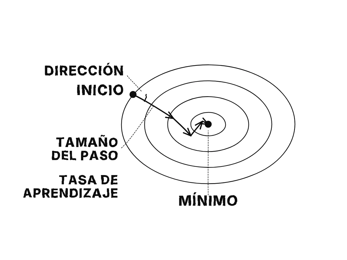Anillos de contorno de un cuenco visto desde arriba; desde un inicio al azar, un zigzag de flechas, cada una un paso de cierta longitud en cierta dirección, lleva hacia abajo hasta el centro, el mínimo.