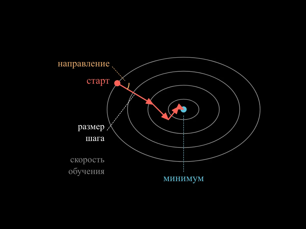 Кольца-горизонтали чаши сверху; от случайного старта зигзаг стрелок, каждая — шаг некоторой длины в некотором направлении, ведёт вниз к центру, минимуму.