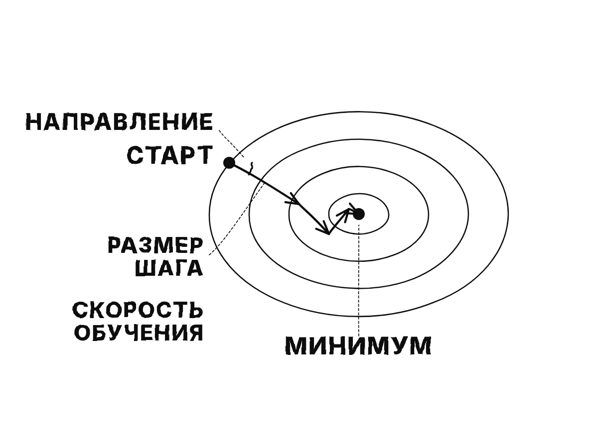 Кольца-горизонтали чаши сверху; от случайного старта зигзаг стрелок, каждая — шаг некоторой длины в некотором направлении, ведёт вниз к центру, минимуму.